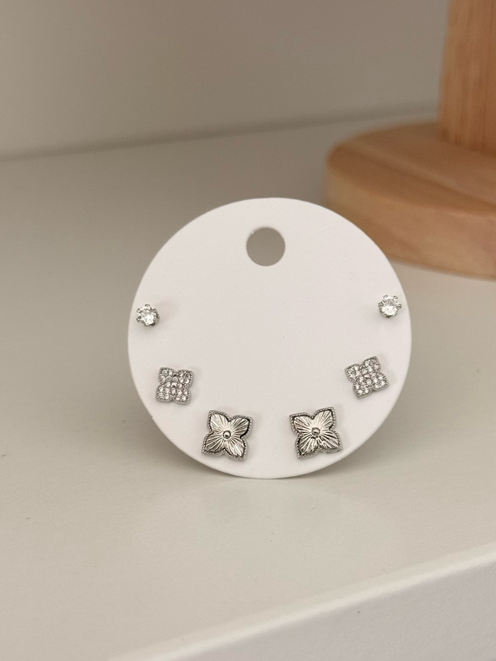 Silver Floral and Crystal Stud Earring Trio - Women